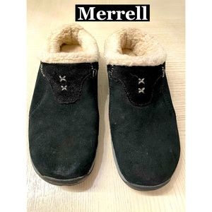 Merrell Black Suede Fur Lined Mules Sz 7